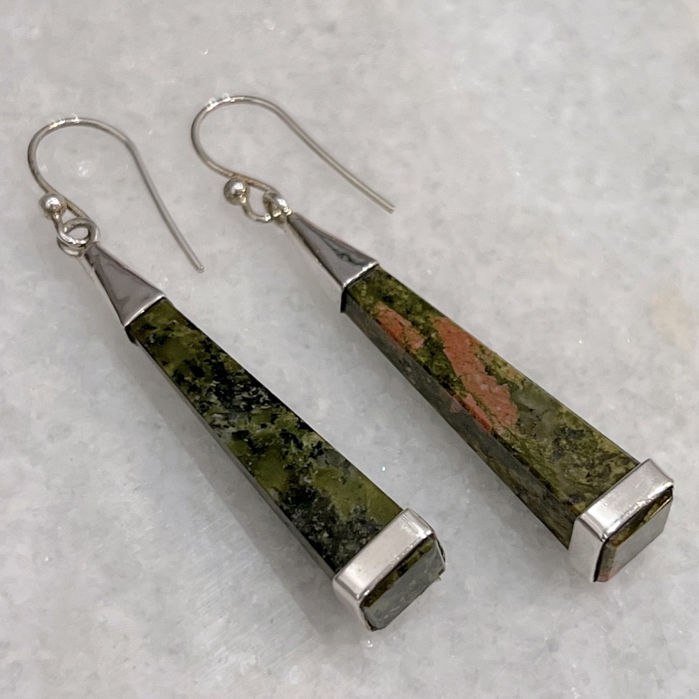 Unakite Sterling Silver Long Drop Earrings